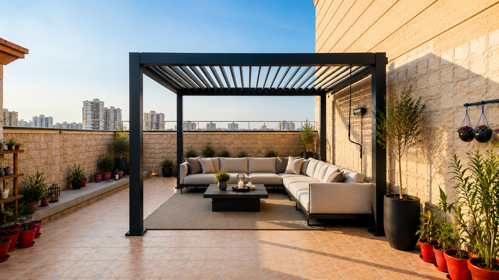 10×10 ft manual pergola that turned a plain Noida Sector-128 rooftop into a terrace worth living on.