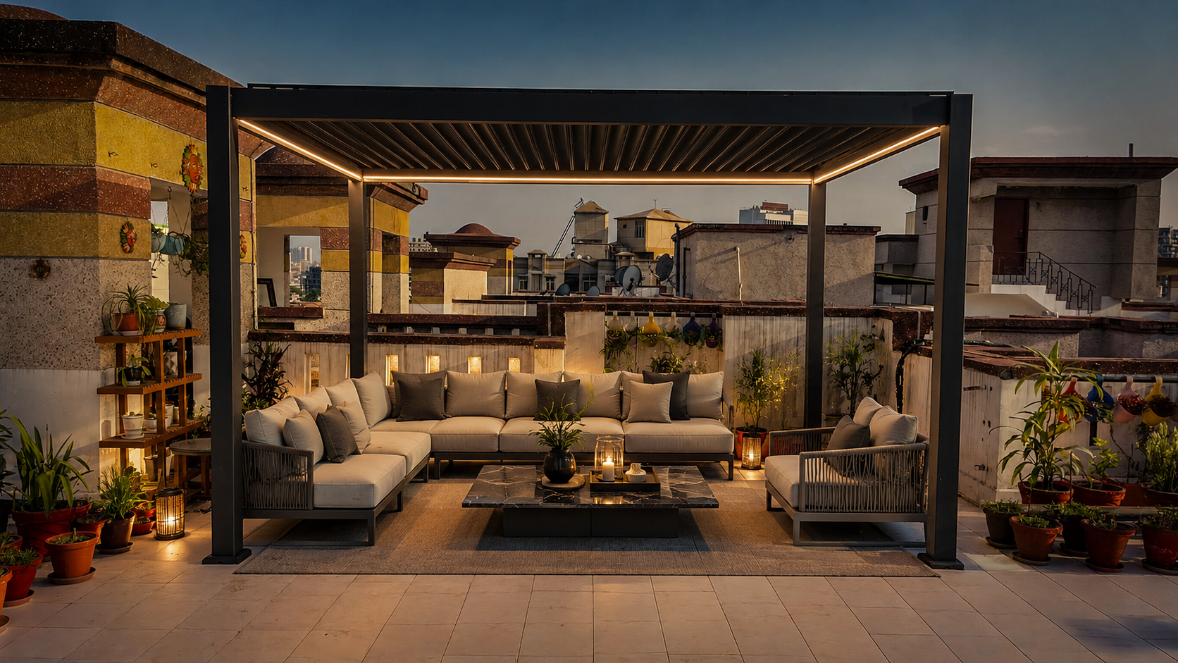 10×13 ft manual pergola that transformed this Noida Sector-61 rooftop terrace.